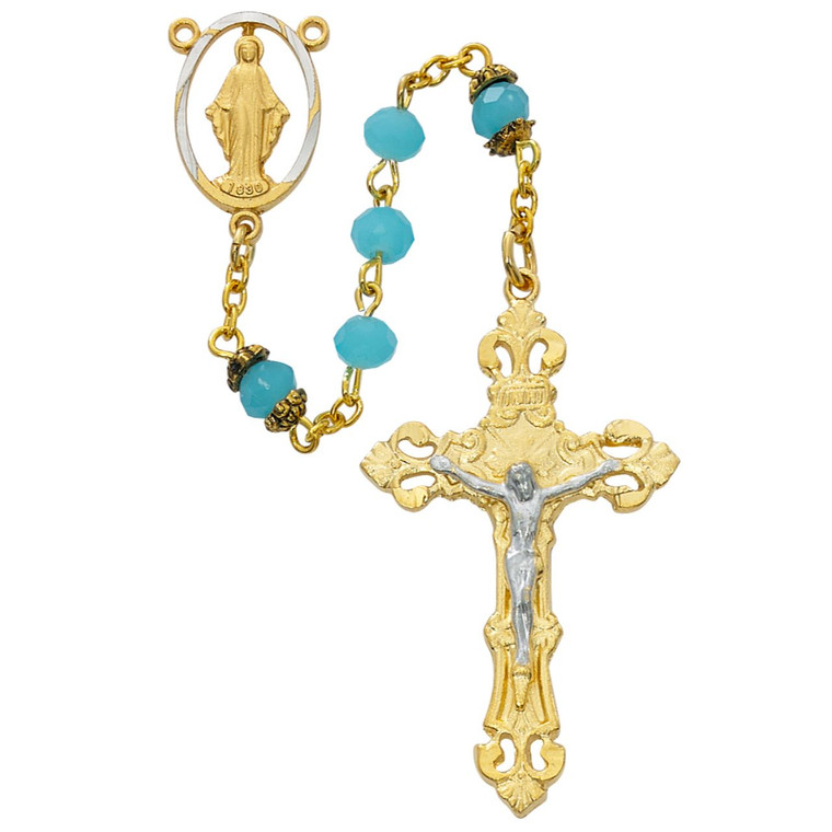 Gold Aqua Glass Rosary - Gift Boxed