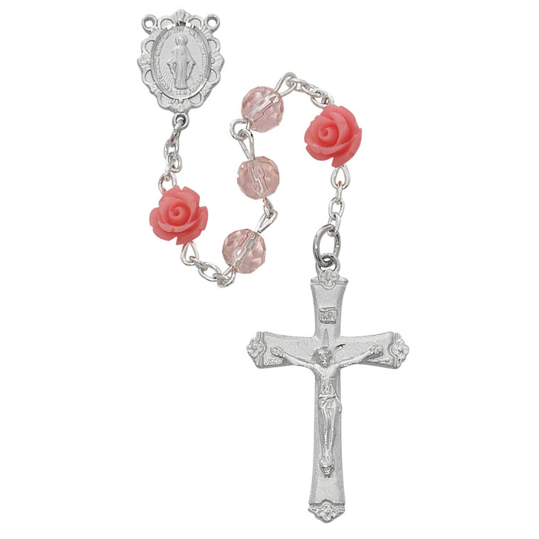 Pink and Roses Glass Rosary - Gift Boxed