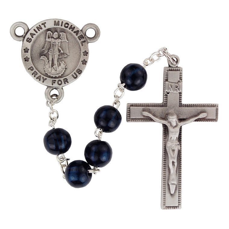 8mm Blue Wood St Michael Rosary Pewter - Gift Boxed