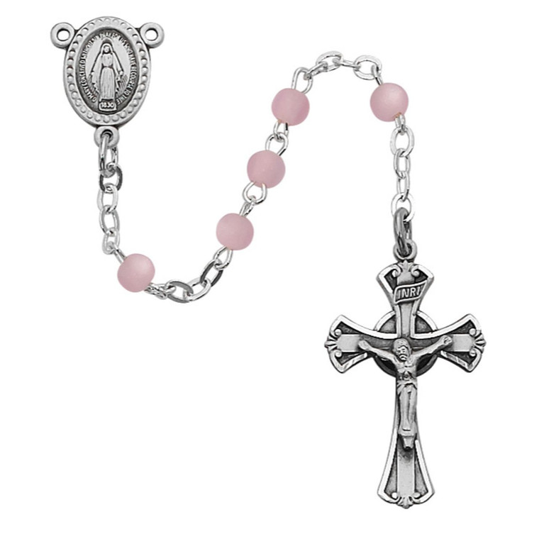 3mm Pink Glass Youth Rosary Sterling Silver - Gift Boxed