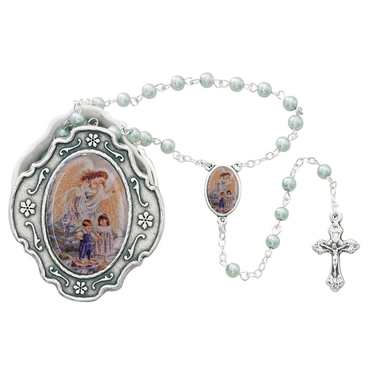 Guardian Angel Box with Decorative Outline and Blue Rosary
