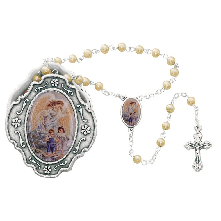 Guardian Angel Box with Decorative Outline and Pearl Like Rosary