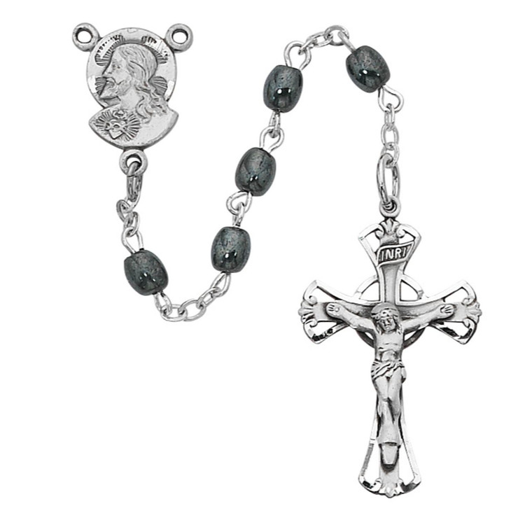 Imitation Hematite Youth Rosary Sterling Silver - Gift Boxed