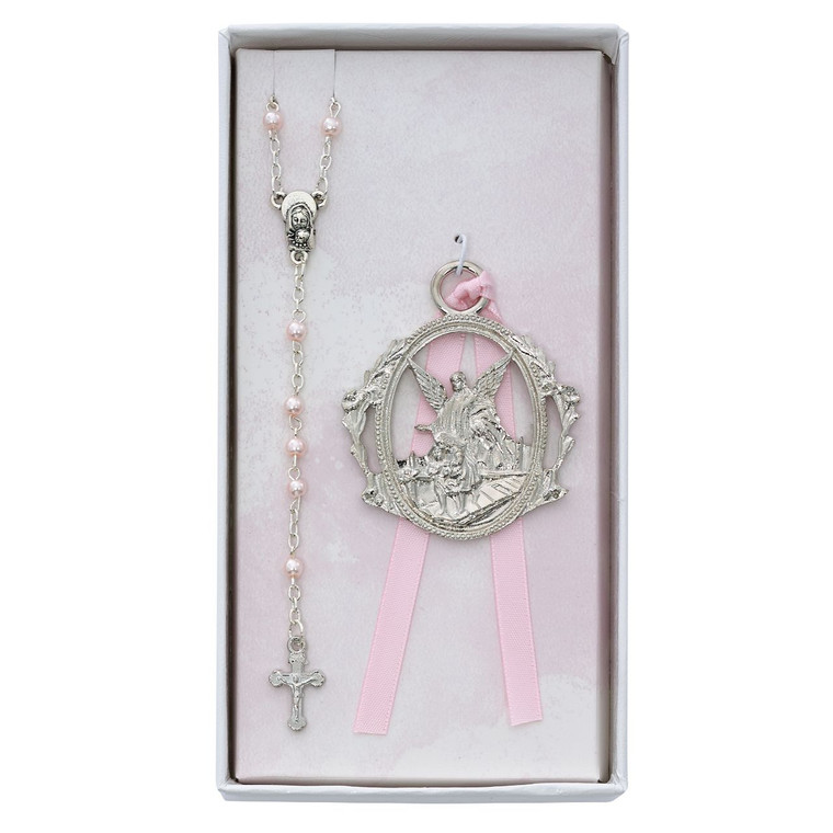 Angel Crib Medal and Pink Rosary Set - Gift Boxed