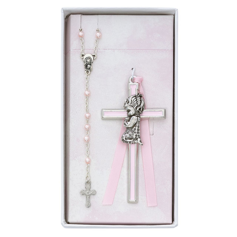 Pink Praying Girl Crib Cross and Pink Rosary Set - Gift Boxed