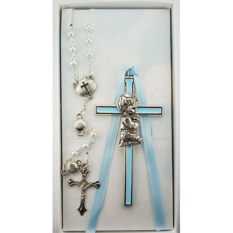 Blue Crib Cross and Blue Shell Rosary Set - Gift Boxed