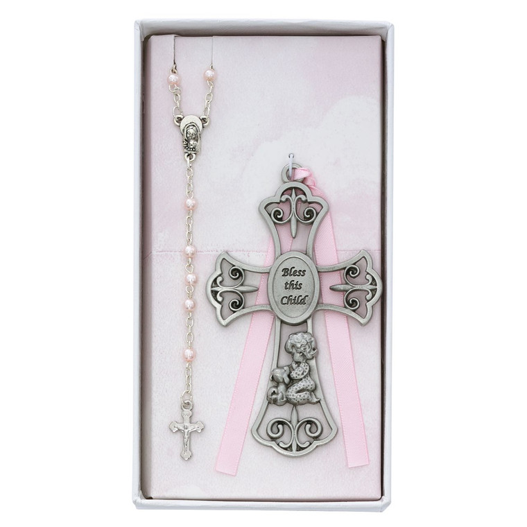 Baby Girl and Puppy Crib Cross and Rosary - Gift Boxed