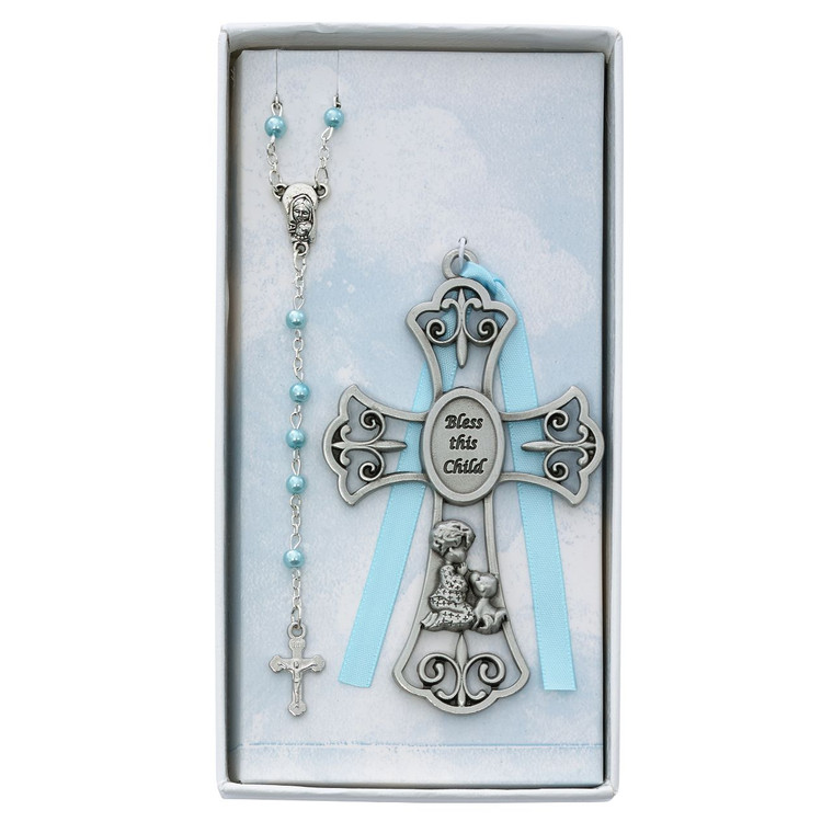 Baby Boy and Puppy Crib Cross and Rosary - Gift Boxed