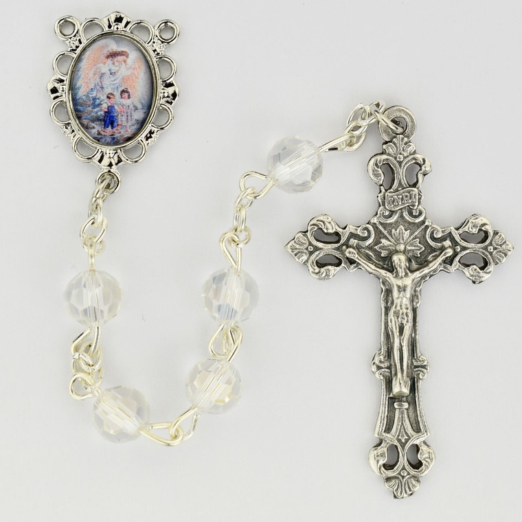 Rhodium Plated Guardian Angel Rosary - Gift Boxed