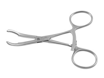 1103-004 - STEFAN MINI BONE HOLDING FORCEPS SERRATED JAWS W/LONG RATCHET CURVED 4"