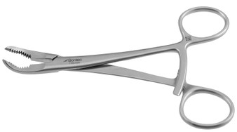 1103-005 - STEFAN BONE HOLDING FORCEPS SERRATED JAWS W/LONG RATCHET CURVED 5 1/2"