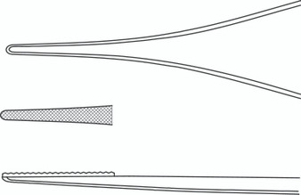 140-299 - ADSON DRESS FORCEPS W/TC SERRATED PLATFORM SERRATED HANDLE DELICATE .8mm TIP 4 3/4"