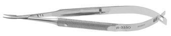 15-3330 - MINI BARRAQUER NEEDLE HOLDER W/LOCK SHORT ROUND HANDLE DELICATE CURVED TIP 3 7/8"