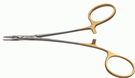 132-207 - DEBAKEY NEEDLE HOLDER OFF SET RING TC SERRATED TIP 5 1/4"