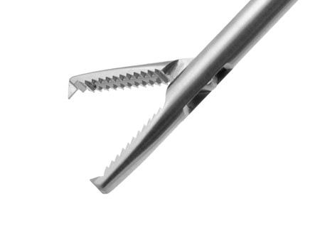 1404-881HMT - LARYNGOSCOPIC GRASPING FORCEPS HORIZONTAL JAW W/ 1X2T 4.5mm CURVED MALLEABLE SHAFT 30" FS