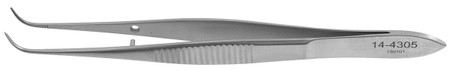 14-4305 - IRIS DRESSING FORCEPS DELICATE SERRATED FULL CURVED 0.5mm TIP 4"