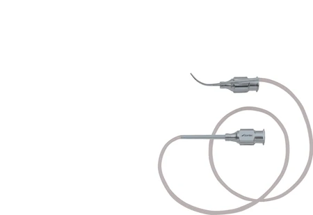 16-4800 - SIMCOE IRRIGATION/ASPIRATING CANNULA Ø0.3mm PORT 45° ANGLE FRONT OPENING 15mm CURVED TUBE 23GA