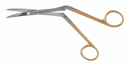 475-307 - KNIGHT NASAL SCISSORS SERRATED CURVED LEFT ANGLED TO SIDE POWER CUT GOLD  7"