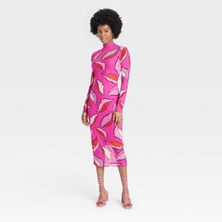 New - Black History Month Sammy B Women's Long Sleeve Mesh Bodycon Dress - Pink Floral S