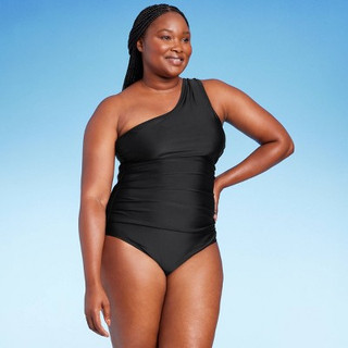 New - Women's Tummy Control One Shoulder Ruched Full Coverage One Piece Swimsuit - Kona Sol Black XL