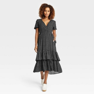 New - Women's Short Sleeve Wrap Dress - Knox Rose Black Polka Dots S
