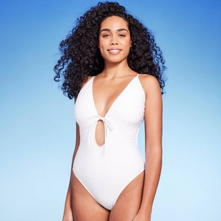 New - Women's Tie-Front Plunge One Piece Swimsuit - Shade & Shore White XL