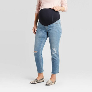 New - Over Belly Cropped Distressed Straight Maternity Jeans - Isabel Maternity by Ingrid & Isabel Blue 00
