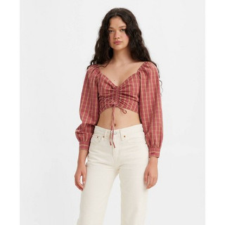 New - Levi's Women's Puff Long Sleeve Devin Blouse - Red Plaid M