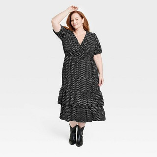 New - Women's Plus Size Short Sleeve Wrap Dress - Knox Rose Black Polka Dots 1X