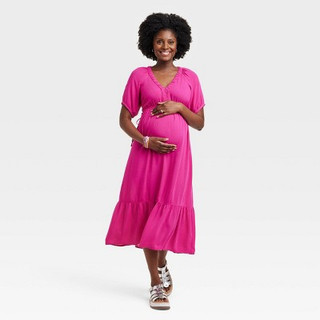 New - Elbow Sleeve Cinch Waist Woven Maternity Dress - Isabel Maternity by Ingrid & Isabel Rose Red XXL