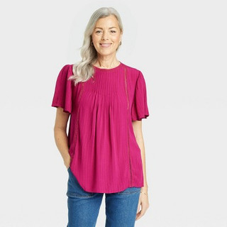 New - Women's Flutter Sleeve Eyelet Embroidered Top - Knox Rose Magenta M