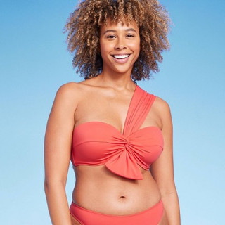New - Women's Lightly Lined One Shoulder Twist-Front Bow Tail Bikini Top - Shade & Shore Red 36DD