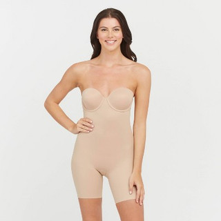 New - ASSETS BY SPANX Women's Flawless Finish Strapless Cupped Midthigh Bodysuit - Beige S