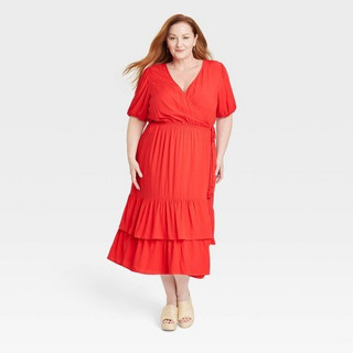 New - Women's Plus Size Short Sleeve Wrap Dress - Knox Rose Red 2X