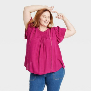 New - Women's Plus Size Flutter Sleeve Eyelet Embroidered Top - Knox Rose Magenta XXL