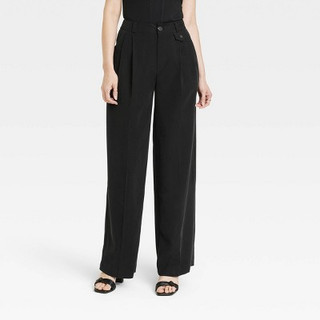 New - Women's High-Rise Relaxed Fit Full Length Baggy Wide Leg Trousers - A New Day Black 12