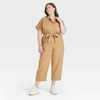 New - Women's Short Sleeve Button-Front Boilersuit - Universal Thread Brown 26