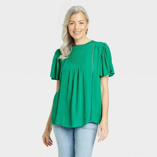 New - Women's Flutter Sleeve Eyelet Embroidered Top - Knox Rose Green M