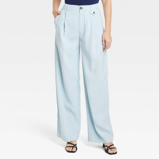 New - Women's High-Rise Relaxed Fit Full Length Baggy Wide Leg Trousers - A New Day Blue 10