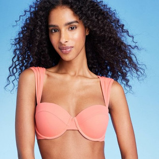 New - Women's Light Lift Shoulder Cap Straps Bikini Top - Shade & Shore Coral Pink 32B