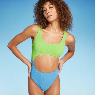 New - Women's Cut Out One Piece Swimsuit - Wild Fable Bright Green & Bright Blue XS