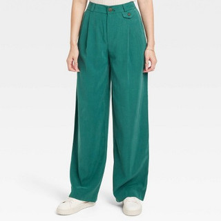 New - Women's High-Rise Relaxed Fit Full Length Baggy Wide Leg Trousers - A New Day Green 4