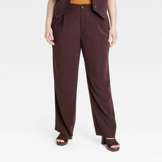 New - Women's High-Rise Relaxed Fit Full Length Baggy Wide Leg Trousers - A New Day Brown 20