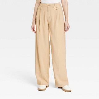 New - Women's High-Rise Relaxed Fit Full Length Baggy Wide Leg Trousers - A New Day Tan 10