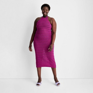 New - Women's Halter Tie Neck Open Knit Crochet Midi Sweater Dress - Future Collective with Alani Noelle Pink XXL