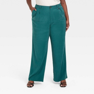 New - Women's High-Rise Relaxed Fit Full Length Baggy Wide Leg Trousers - A New Day Green 18