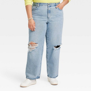 New - Women's Mid-Rise 90's Baggy Jeans - Universal Thread Medium Wash Destroy 17 Short