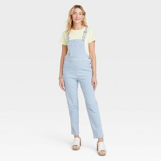 New - Women's Denim Boyfriend Overalls - Universal Thread Light Blue Striped 14