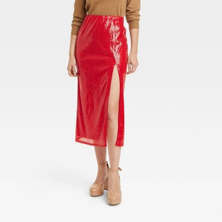 New - Women's Sequin A-Line Midi Skirt - A New Day Red XS