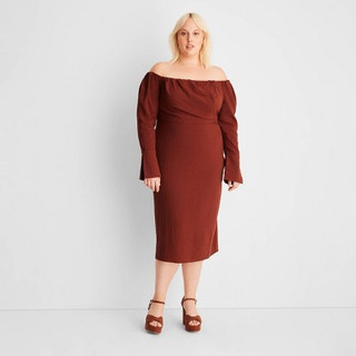 New - Women's Off the Shoulder Long Sleeve Midi Dress - Future Collective with Reese Blutstein Rust 18